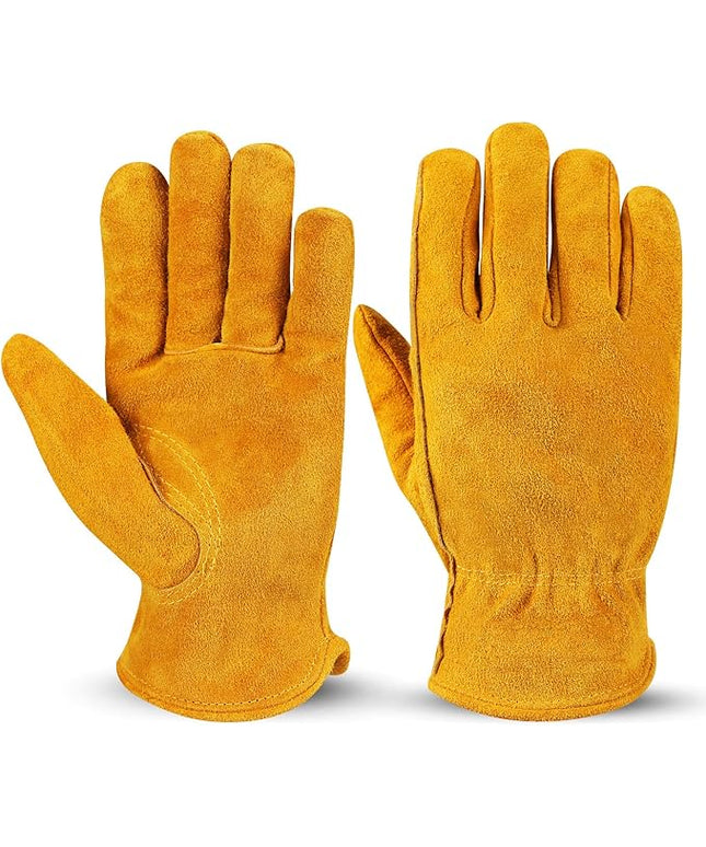 OZERO Leather Work Gloves Flex Grip Tough Cowhide Gardening Glove for Men and Women (Medium, Gold With Mesh Linning)