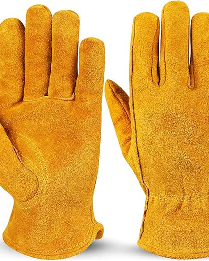 OZERO Leather Work Gloves Flex Grip Tough Cowhide Gardening Glove for Men and Women (Large, Gold With Mesh Linning)