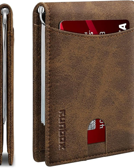 RUNBOX Slim Wallet for Men Genuine Leather RFID Blocking Bifold Minimalist Front Pocket Mens Wallet with Money Clip Thin Gift Box