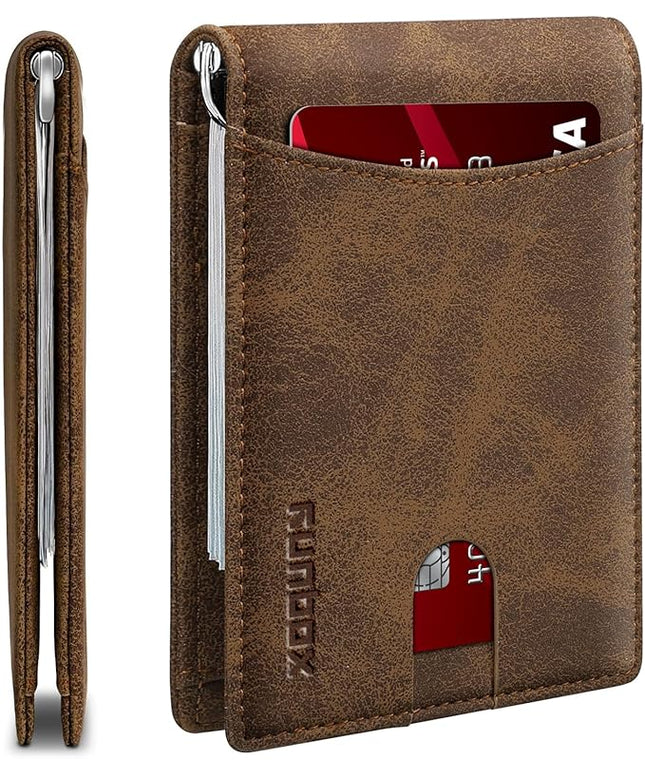 RUNBOX Slim Wallet for Men Genuine Leather RFID Blocking Bifold Minimalist Front Pocket Mens Wallet with Money Clip Thin Gift Box