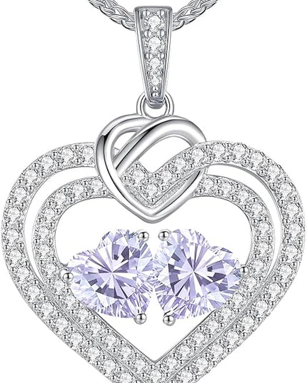 LOUISA SECRET Sparkling Double Heart Birthstone Necklaces for Women, 925 Sterling Silver Fine Jewelry, Pendant Heart Necklaces Birthday Anniversary Christmas Gift for Women Wife Mom Girlfriend Lady