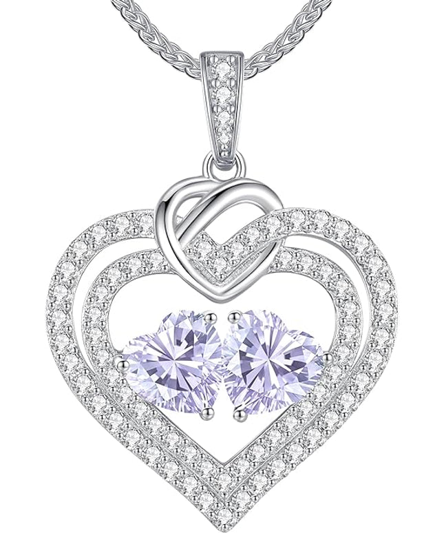 LOUISA SECRET Sparkling Double Heart Birthstone Necklaces for Women, 925 Sterling Silver Fine Jewelry, Pendant Heart Necklaces Birthday Anniversary Christmas Gift for Women Wife Mom Girlfriend Lady