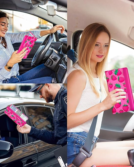 Car Registration and Insurance Holder with Magnetic Closure, Universal Document Organizer for License, Insurance Cards & Glove Box Storage (Strawberry-Hot Pink)