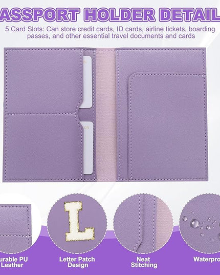 PATIKIL Passport Holder for Travel, Initial Passport Cover and Luggage Tag Set with Alphabet Chenille Letter Patch Travel Wallet Bag Suitcase Identifier for Women Family Travel Purple L