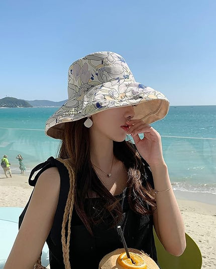 HUAMULAN Women Summer Sun Hat Wide Brim Wired Edge Floral Beach Bucket Hats Reversible Foldable Travel UV Protection Lady Hat