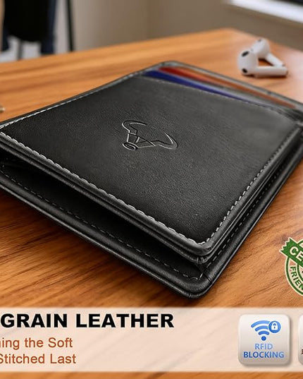 BULLIANT Men Wallet,Top Grain Leather Slim Wallet Magnetic Closure Simplifed Bill Folder RFID Blocking 11Cards