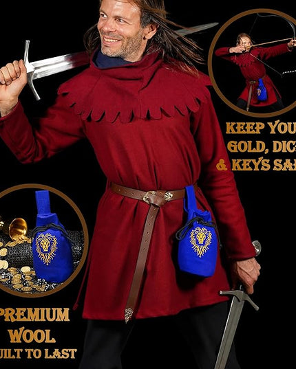Mythrojan Medieval Viking Woolen Belt Pouch Drawstring Coin Purse with Celtic Embroidery, Ideal for Ren Faire, LARP, Cosplay, Viking Events - Royal Blue