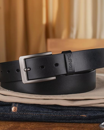 Buffway Men’s Full Grain Leather Belt – Solid One-Piece Leather, 1.5” Wide for Jeans & Business Casual, Gift Box Included