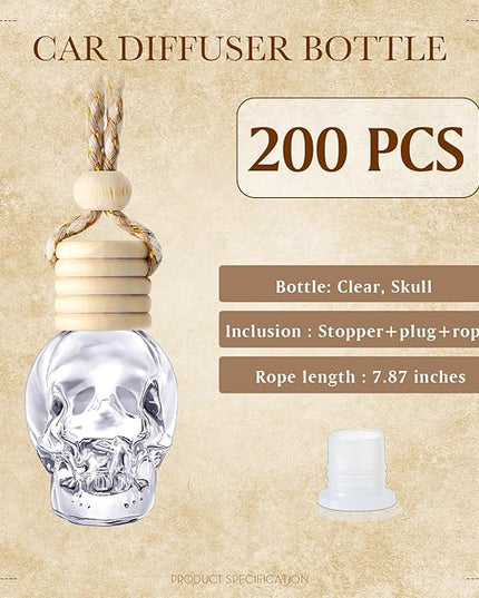 BBTO 200 Pcs Hanging Car Diffuser Bottles Bulk, Empty Clear Glass Air Freshener Bottles with Wooden Cap for Perfume Essential Oils Fragrance Aromatherapy Ornament(Skull)