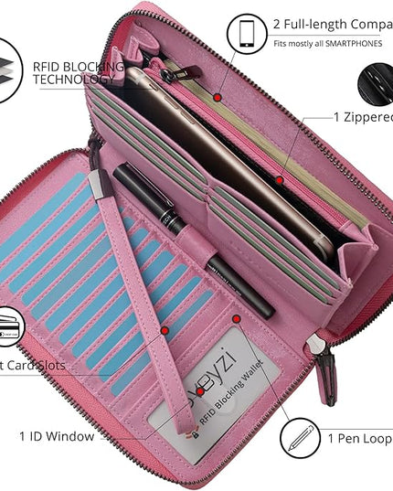 Bveyzi Women RFID Blocking Wallet Leather Zip Around Phone Clutch Large Capacity Ladies Travel Purse Wristlet | RFID Blocking, Zip Around, Large Capacity