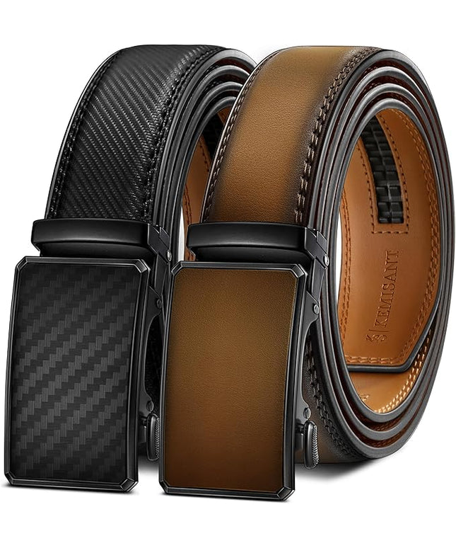KEMISANT Men Belt 2 Pack, Leather Ratchet Belt Easy Click Slide For Men 1 3/8",Cut for Fit