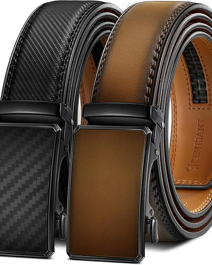 KEMISANT Men Belt 2 Pack, Leather Ratchet Belt Easy Click Slide For Men 1 3/8",Cut for Fit