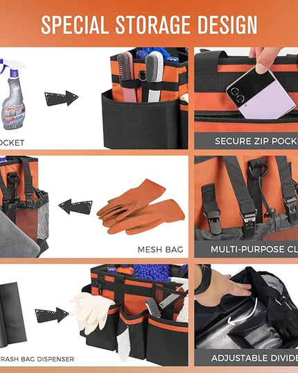 Wearable Cleaning Caddy, Cleaning Caddy Supplies Organizer with Handle & Shoulder Straps for Housekeepers, Under Sink & Car Cleaning Tool Organizers Bag with 4 Foldable Divider (RetroOrange)