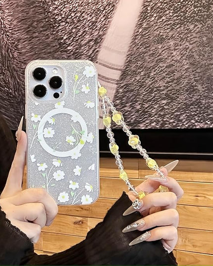 Compatible with iPhone 12 Pro Cases Cute Bling Sparkly Floral Phone case,Flower with Wrist Strap Design, Compatible MagSafe Silicone Shockproof Phone case for Women and Teenage Girls.