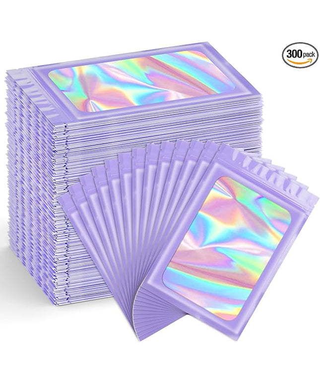Funfery 300 Pack Smell Proof Resealable Bags for Food Storage,Holographic Bags 4x6 Purple Mylar Clear Packaging Bag- Scent Proof for Cookies, Zip Foil Pouch for Small Business