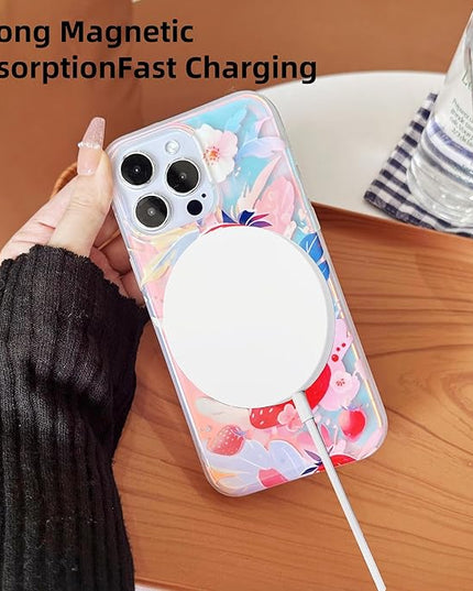 Compatible with iPhone 15 Pro Case, Strawberry Pattern Luxury Magnetic Case[Compatible with MagSafe][with Beads Wrist Strap Bracelet Chain and Glitter Bling Back] for Women and Cute Girly