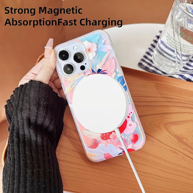 Compatible with iPhone 15 Pro Case, Strawberry Pattern Luxury Magnetic Case[Compatible with MagSafe][with Beads Wrist Strap Bracelet Chain and Glitter Bling Back] for Women and Cute Girly