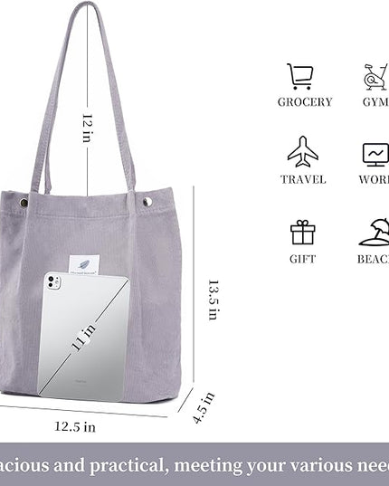 Corduroy Tote Bag Cute Tote Bags for Women Shoulder Bag with Inner Pocket for Work Beach Travel and Shopping Grocery