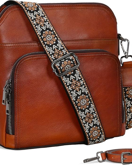 Iswee Leather Crossbody Bags for Women Multi Pockets Medium Shoulder Bag Lightweight Functional Travel Purse