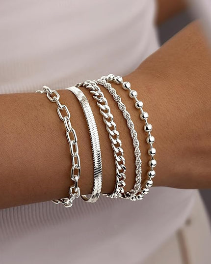 Gold Bracelets Set for Women Stack, Dainty Thick Bracelets Stack for Women Trendy, Simple Thin Gold Plated Cuff Stackable Bracelets With Beaded Cuban Paperclip Snake Rope Bangle Hand Chain Jewelry Gifts for Women Non Tainish