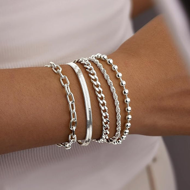 Gold Bracelets Set for Women Stack, Dainty Thick Bracelets Stack for Women Trendy, Simple Thin Gold Plated Cuff Stackable Bracelets With Beaded Cuban Paperclip Snake Rope Bangle Hand Chain Jewelry Gifts for Women Non Tainish