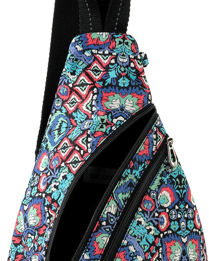 Sakroots On The Go Sling Bag for Women in Eco-Twill, Large Convertible Crossbody Backpack With Main Zipper Closer, Made From Recycled Materials - Denim Flower Garden