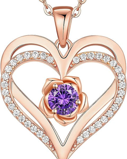 CDE Christmas Gifts for Women S925 Silver Rose Gold Heart Birthstone Necklaces for Women，Ideal Anniversary or Birthday Jewelry Gifts for Wife Girlfriend Her