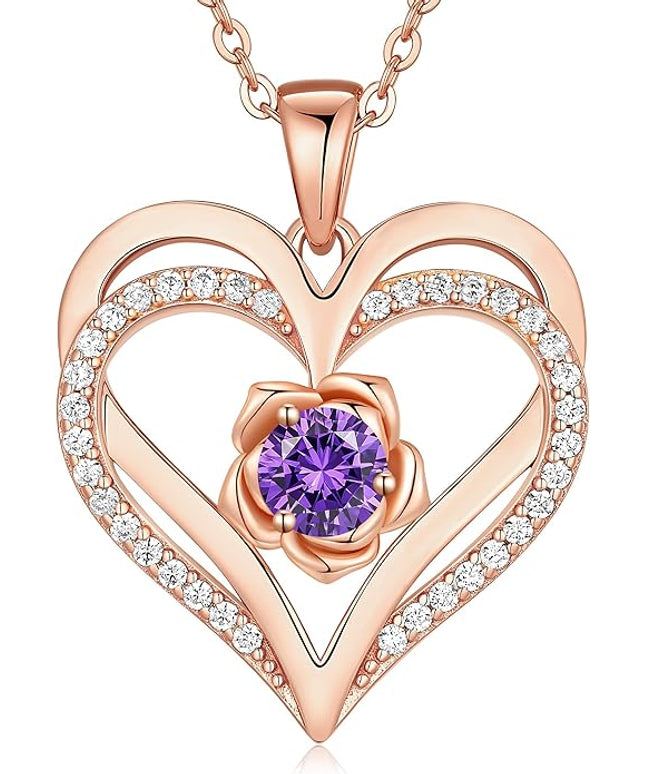 CDE Christmas Gifts for Women S925 Silver Rose Gold Heart Birthstone Necklaces for Women，Ideal Anniversary or Birthday Jewelry Gifts for Wife Girlfriend Her