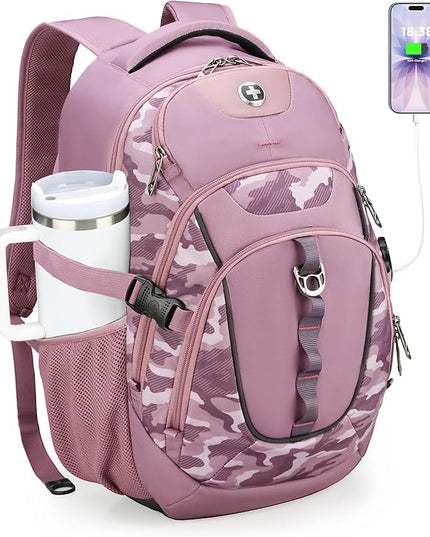 Swissdigital Design Laptop Backpack with USB Charging Port, Travel Backpack Fits 15.6 inches Computer, 31L College School Backpack for Men, Pink Camo | SD803-93