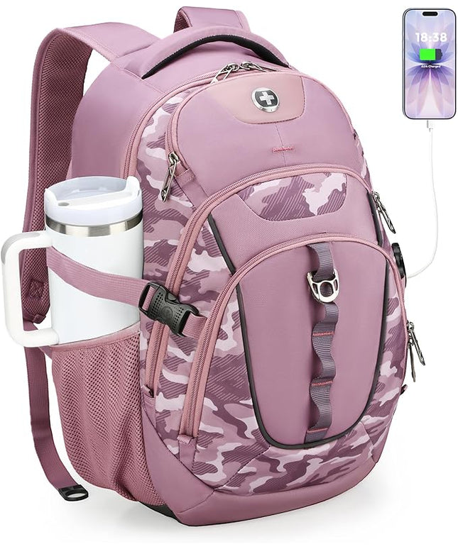Swissdigital Design Laptop Backpack with USB Charging Port, Travel Backpack Fits 15.6 inches Computer, 31L College School Backpack for Men, Pink Camo | SD803-93