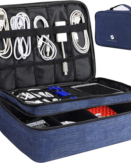 ORIENT FAMULAY Travel Electronics Organizer, Waterproof Cable Organizer Bag for Electronic Accessories Double Layer Large Shockproof Cable Storage Bag for Cord, Power Bank, Tablet(Up to iPad 11 inch) - Royal Blue