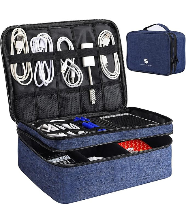 ORIENT FAMULAY Travel Electronics Organizer, Waterproof Cable Organizer Bag for Electronic Accessories Double Layer Large Shockproof Cable Storage Bag for Cord, Power Bank, Tablet(Up to iPad 11 inch) - Royal Blue
