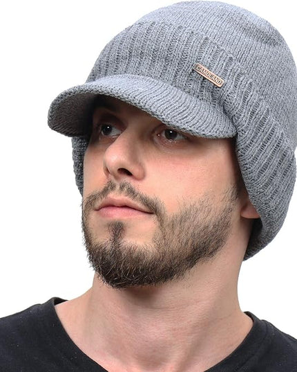 Winter Beanie w/Visor & Earflaps for Men Outdoor Fleece Hat Scarf Set