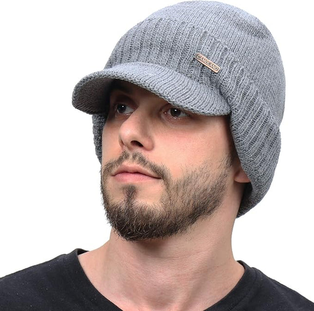 Winter Beanie w/Visor & Earflaps for Men Outdoor Fleece Hat Scarf Set