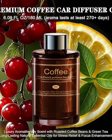 Car Air Freshener Refill for Men & Women 6.09 FL OZ /180ML-9 Month Coffee Scent Essential Oil Perfume, Essential Oil Made of Natural Plant Extracts, Compatible with Car Diffusers for Home/Office