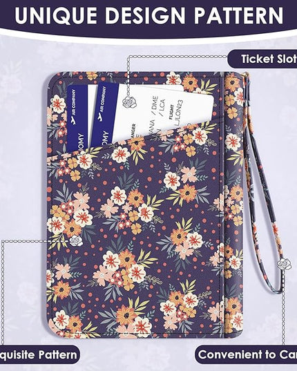 Passport Holder, Passport Holder For Travel, Passport Cover For Travel Essentials, Passport Wallet Cover RFID Blocking, Cute Passport Book for Women and Men, Navy Blue Flowers