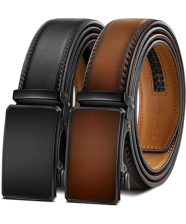 KEMISANT Men Belt 2 Pack, Leather Ratchet Belt Easy Click Slide For Men 1 3/8",Cut for Fit