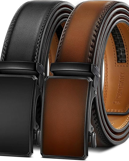 KEMISANT Men Belt 2 Pack, Leather Ratchet Belt Easy Click Slide For Men 1 3/8",Cut for Fit