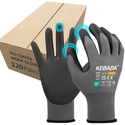 Kebada Safety Work Gloves,120 Pairs Bulk Pack, Touchscreen, PU Coated, Ideal for Warehouse, Construction, Gardening and Mechanics, Grey, Small