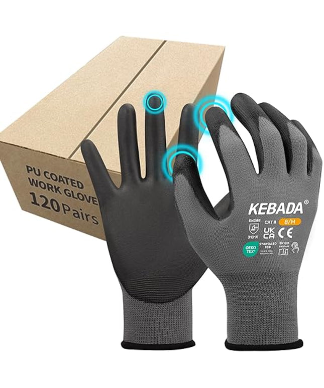 Kebada Safety Work Gloves,120 Pairs Bulk Pack, Touchscreen, PU Coated, Ideal for Warehouse, Construction, Gardening and Mechanics, Grey, X-Large
