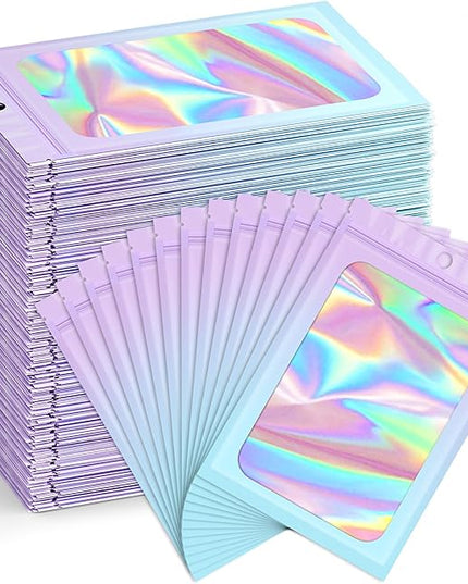 Funfery 300 Pack Smell Proof Resealable Bags for Food Storage,Holographic Bags 4x6 Purple Blue Mylar Clear Packaging Bag- Scent Proof for Cookies, Zip Foil Pouch for Small Business