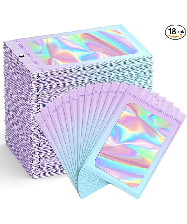 Funfery 300 Pack Smell Proof Resealable Bags for Food Storage,Holographic Bags 4x6 Purple Blue Mylar Clear Packaging Bag- Scent Proof for Cookies, Zip Foil Pouch for Small Business