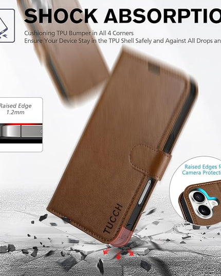 TUCCH Wallet Case Compatible with iPhone 16 5G (6.1", 2024 Release) – Brown, PU Leather [Shockproof TPU Interior Case] [Kickstand] Magnetic Protective Flip Cover with [RFID Blocking] [4 Card Holder]