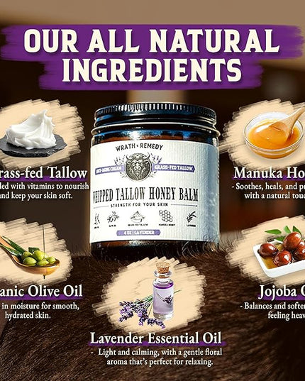 Organic Beef Tallow for Skin - 4 OZ (Lavender) — Grass Fed Beef Tallow for face + Body — US-Made Whipped Tallow and Honey Balm Moisturizer for Dry and Sensitive Skin, Eczema, Rosacea (No Additives)