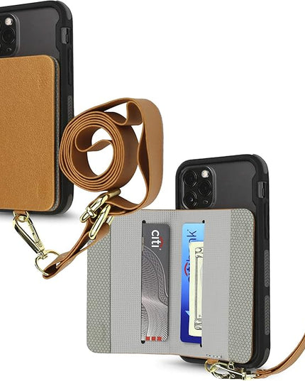 Cell Phone and Credit Card Holder with Crossbody and Wrist Straps, Stick-On Wallet w/RFID Protection Multiple Card Slots Transparent ID Pocket