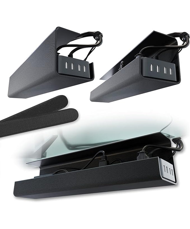 No-Screw Under Desk Cable Management Tray - Self-Adhesive Installation, Cord Management, Cable Tray, Under Desk Wire Organizer - Black Set of 2