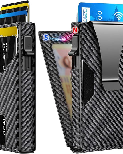 KISUEDZP Wallet for Men Slim RFID Blocking -Metal Smart Pop-Up Credit Card Holder with 2 ID Windows, Holds 8-10 Cards,Bifold Minimalist Front Pocket Wallet & Money Clip,Men's accessories(Carbon)