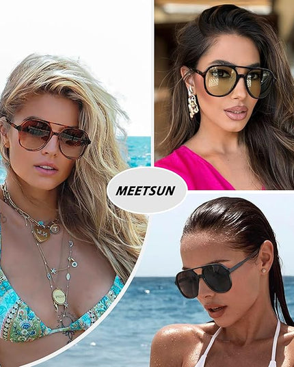 MEETSUN Retro Oversized Aviator Sunglasses for Women Men Trendy 70s 80s Vintage Square Aviators 3 Pack UV400