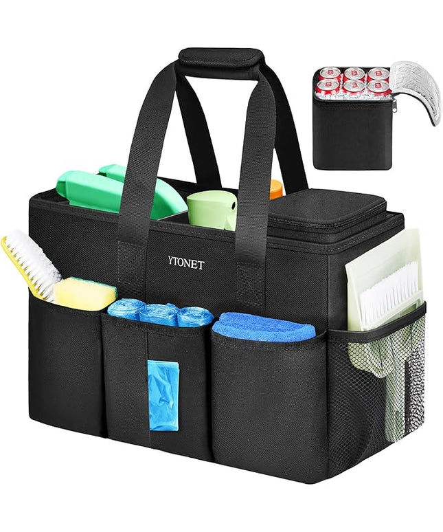 Ytonet Cleaning Caddy Bag, Large Cleaning Supplies Organizer with Handle & Foldable Divider for Cleaners, Water Resistant Housekeeping Supplies for Kitchen, Car Tool Caddy Organizer Bag, Black