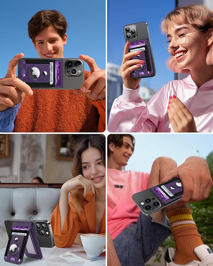 for Magsafe Wallet Stand with Airtag Holder, Strongest Magnetic Wallet for iPhone 17/16/15/14/13/12 Series, ID Window, 4 Card Slots, 10 Cards Holder, Vegan Leather, RFID Blocking, Purple